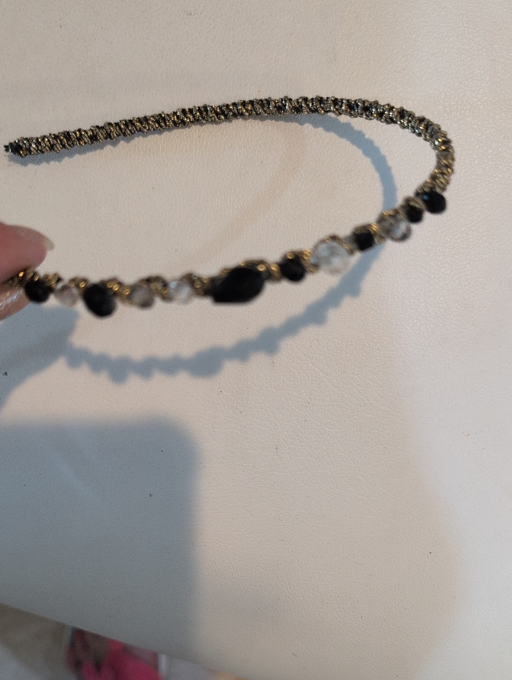 Beaded Gold-Tone Headband with Black and Clear Beads
